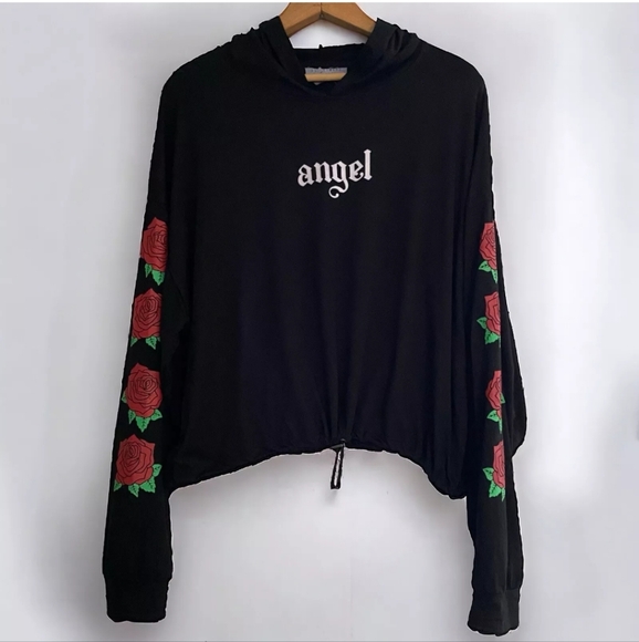 Streetwear Society Hooded‎ Angel Top Sz Medium Roses Black Longsleeve Womens Jr. - Picture 6 of 9